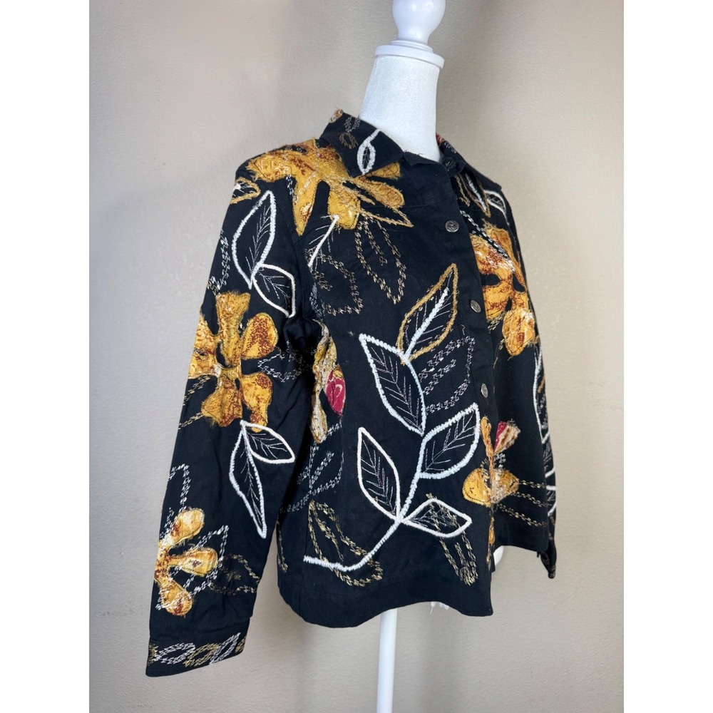 Laura Ashley Black Floral Embroidered Button-Up Jacket Womens M 100% Cotton